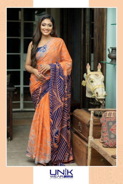 ORANGE & BLUE SRI LANKAN HANDMADE COTTON BATIK SAREE 2255