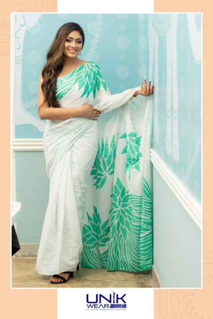 WHITE & GREEN SRI LANKAN HANDMADE COTTON BATIK SAREE 2259