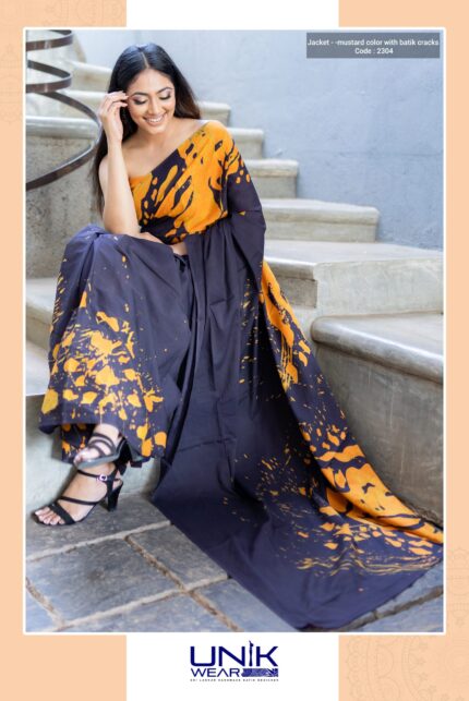 MUSTARD AND BLUE COLOR SRI LANKAN HANDMADE MODERN COTTON BATIK SAREE 2304