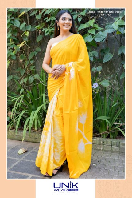 WHITE & YELLOW COLOR SRI LANKAN HANDMADE MODERN COTTON BATIK SAREE 2305