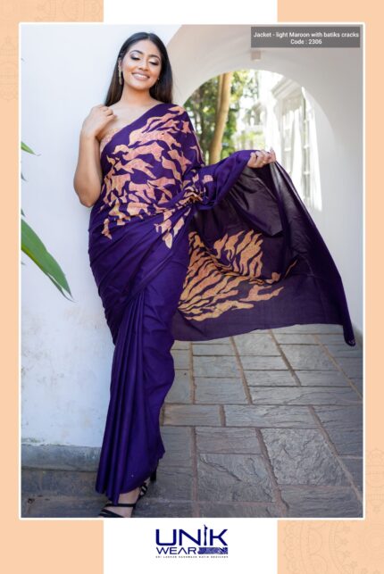 BROWN & PURPLE COLOR SRI LANKAN HANDMADE MODERN COTTON BATIK SAREE 2306