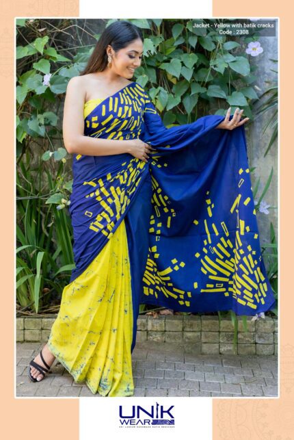 YELLOW AND BLUE COLOR SRI LANKAN HANDMADE MODERN COTTON BATIK SAREE 2308