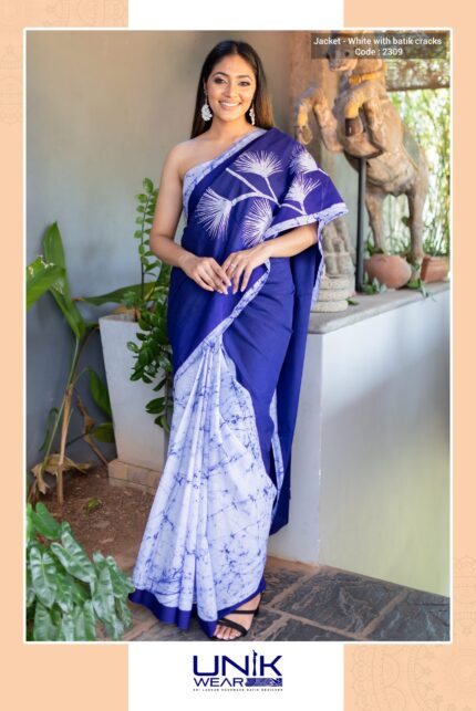 WHITE AND BLUE COLOR SRI LANKAN HANDMADE MODERN COTTON BATIK SAREE 2309
