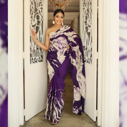 PURPLE AND CREAM COLOR SRI LANKAN HANDMADE MODERN COTTON BATIK SAREE 2311