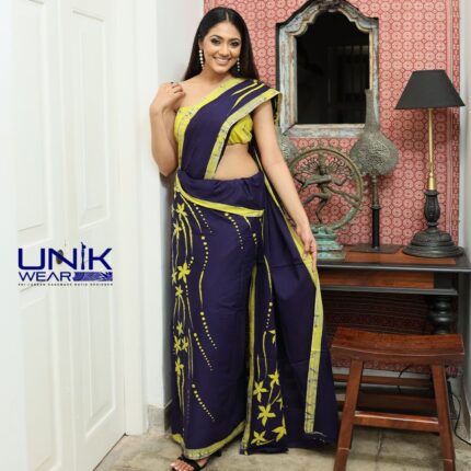 BLUE & YELLOW COLOR SRI LANKAN HANDMADE MODERN COTTON BATIK SAREE 2317