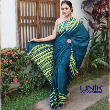GREEN & YELLOW COLOR SRI LANKAN HANDMADE MODERN COTTON BATIK SAREE 2319