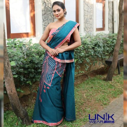 SALMON PINK & GREEN COLOR SRI LANKAN HANDMADE MODERN COTTON BATIK SAREE 2321