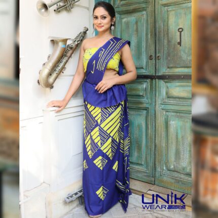 YELLOW & BLUE COLOR SRI LANKAN HANDMADE MODERN COTTON BATIK SAREE 2326 LV