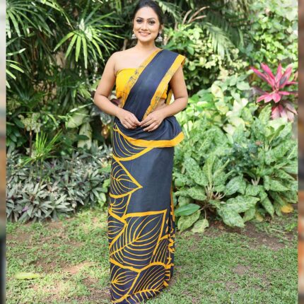 GOLDEN YELLOW & DARK BLUE COLOR SRI LANKAN HANDMADE MODERN COTTON BATIK SAREE 2327 SV