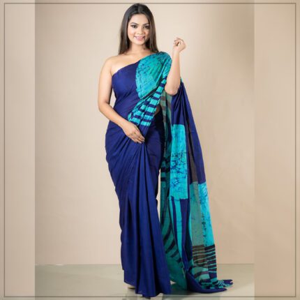 PURPLE AND SEA GREEN COLOR SRI LANKAN HANDMADE MODERN COTTON BATIK SAREE E01