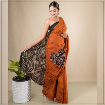 ORANGE & BLACK COLOR SRI LANKAN HANDMADE MODERN COTTON BATIK SAREE E011