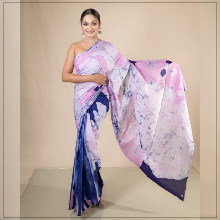 PINK & BLUE COLOR SRI LANKAN HANDMADE MODERN COTTON BATIK SAREE E012