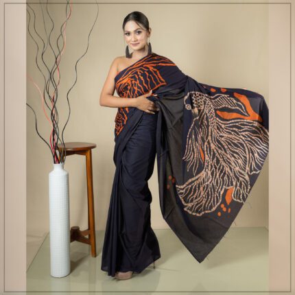 ORANGE COLOR SRI LANKAN HANDMADE MODERN COTTON BATIK SAREE E018