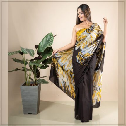 YELLOW AND BLACK COLOR SRI LANKAN HANDMADE MODERN COTTON BATIK SAREE E02