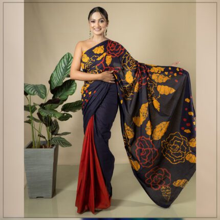 YELLOW AND RED COLOR SRI LANKAN HANDMADE MODERN COTTON BATIK SAREE E020