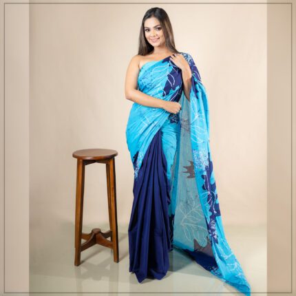 BLUE COLOR SRI LANKAN HANDMADE MODERN COTTON BATIK SAREE E03