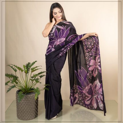 PURPLE & BLACK COLOR SRI LANKAN HANDMADE MODERN COTTON BATIK SAREE E05