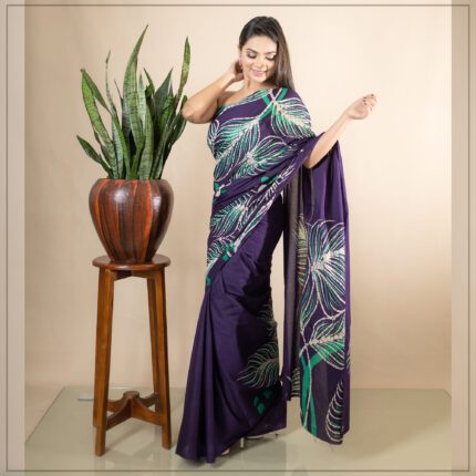 PURPLE & GREEN COLOR SRI LANKAN HANDMADE MODERN COTTON BATIK SAREE E06