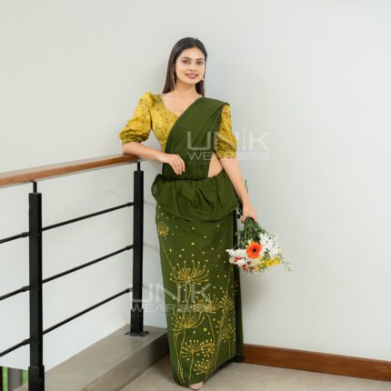 Handcrafted Cotton Batik Saree 2615 - Olive Green and Yellow Saree