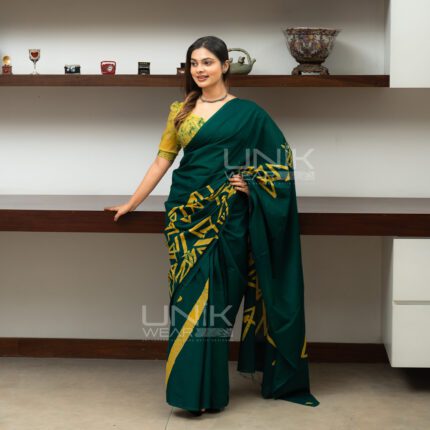 Handcrafted Cotton Batik Saree 2623 - Green and Yellow Saree