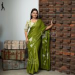 Handcrafted Cotton Batik Saree 2636 - Olive green saree