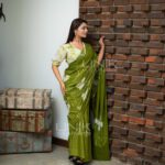 Handcrafted Cotton Batik Saree 2636 - Olive green saree - Image 2