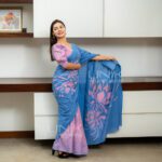 Handcrafted Cotton Batik Saree 2639 - Soft blue and purple saree - Image 3