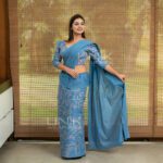 Handcrafted Cotton Batik Saree 2642 - Blue and purple saree - Image 2