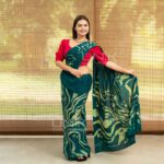Handcrafted Cotton Batik Saree 2647 - Green brush worked saree - Image 2
