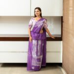 Handcrafted Cotton Batik Saree 2648 - Purple brush worked saree - Image 3