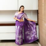 Handcrafted Cotton Batik Saree 2648 - Purple brush worked saree - Image 2
