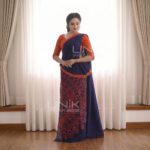 Handcrafted Cotton Batik Saree 2002 - Red and blue saree - Image 2