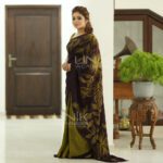 Handcrafted Cotton Batik Saree 2045 - Kaaki green and dark purple saree - Image 3