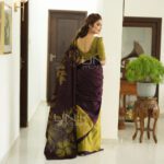 Handcrafted Cotton Batik Saree 2045 - Kaaki green and dark purple saree - Image 2