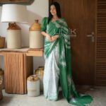 Handcrafted Cotton Batik Saree 2480 - Green and white saree