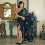 Handcrafted Cotton Batik Saree 2490 - Salmon pink and dark olive green saree - Image 2