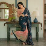 Handcrafted Cotton Batik Saree 2490 - Salmon pink and dark olive green saree - Image 3