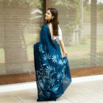 Handcrafted Cotton Batik Saree 2653- Teal blue saree - Image 5