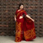 Handcrafted Cotton Batik Saree 2659 -  Deep maroon and golden yellow saree - Image 2