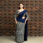 Handcrafted Cotton Batik Saree 2661 -  Navy blue and beige saree