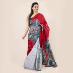 Handcrafted Cotton Batik Saree E069 - Red and white saree