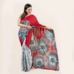 Handcrafted Cotton Batik Saree E069 - Red and white saree - Image 2