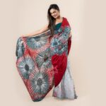 Handcrafted Cotton Batik Saree E069 - Red and white saree - Image 3