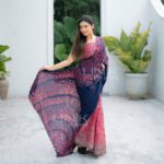 Handcrafted Cotton Batik Saree 24130 - Magenta and blue saree