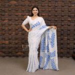 Handcrafted Cotton Batik Saree 2665 - White and blue saree - Image 2