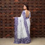 Handcrafted Cotton Batik Saree 2667 - White and blue saree - Image 3