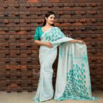 Handcrafted Cotton Batik Saree 2668 - White and light green saree - Image 2