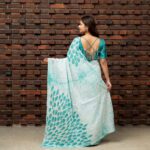 Handcrafted Cotton Batik Saree 2668 - White and light green saree - Image 3