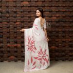 Handcrafted Cotton Batik Saree 2670 - White and pink saree - Image 3
