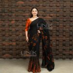 Handcrafted Cotton Batik Saree 2674 - Terracotta Orange and Black Saree